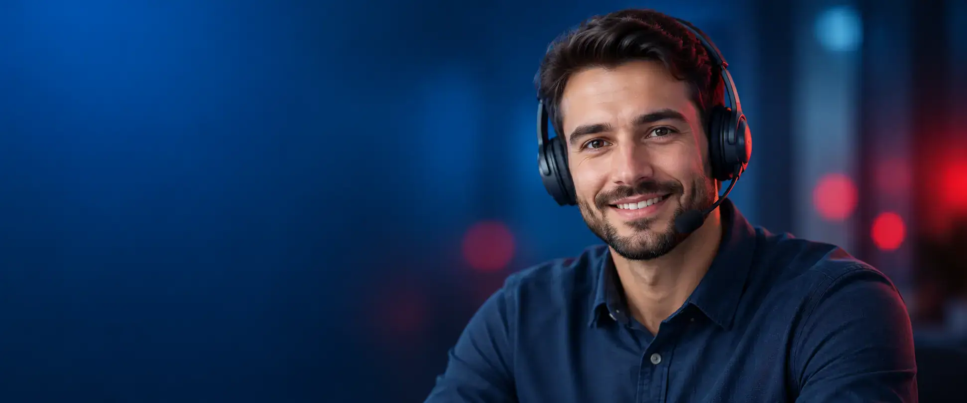 Centre d'aide IPTV : agent support avec casque, souriant