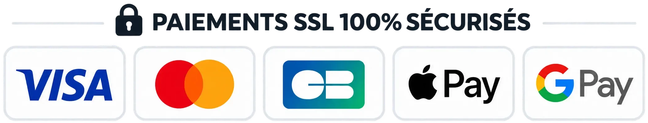 Paiements sécurisés SSL : Visa, Mastercard, CB, Apple Pay, Google Pay